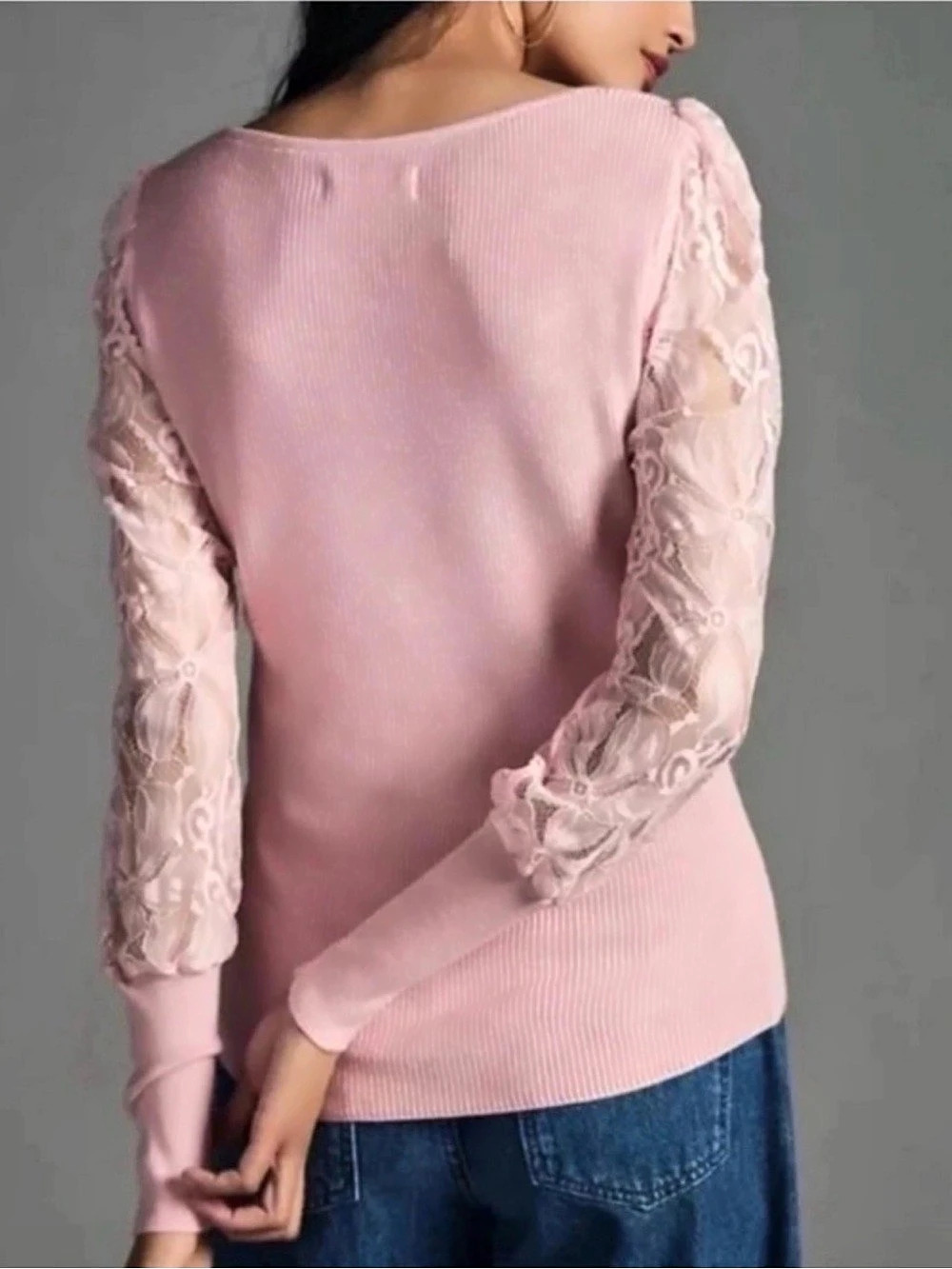 Anthropologie Pink Lace Sleeve Sweater Size S/M - Picture 3 of 8